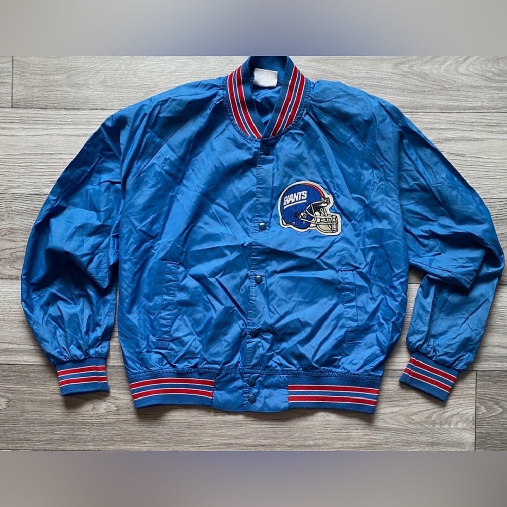 Vintage 80s New York Giants Satin Jacket Blue Locker Line - Made in USA - XL